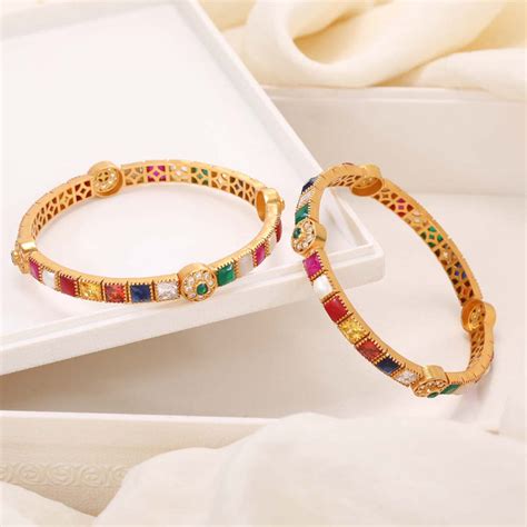 92.5 Gold Plated Stone Bangles Online | Buy Yara Navarathna Pair ...