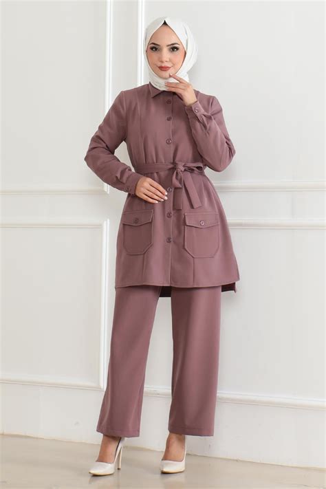 Rose Dust Button Detail Suit | Modamihram