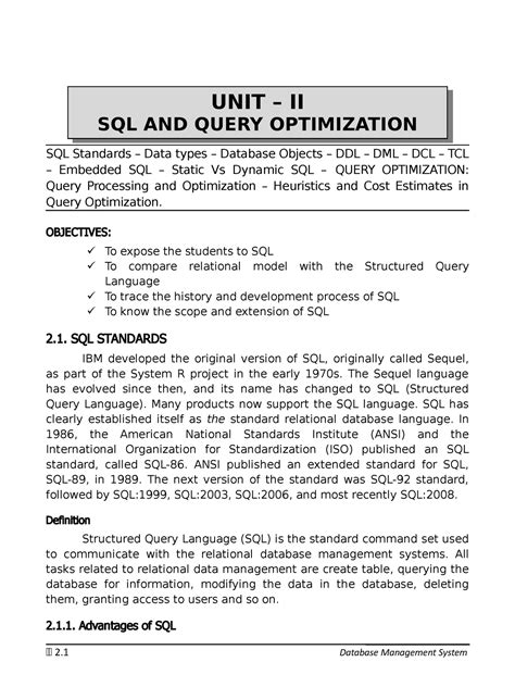 UNIT - II - Lecture notes 2 FOR DBMS - SQL Standards – Data types ...