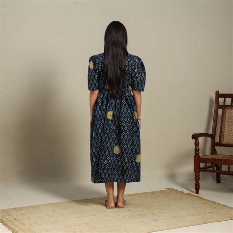 Blue Natural Dyed Block Print Cotton Fit & Flare Ajrakh Dress
