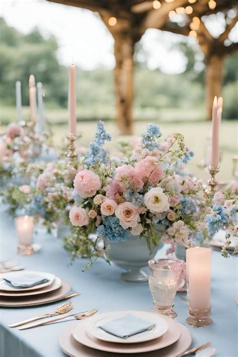 Blush pink and baby blue wedding table centre piece | Pastel wedding ...