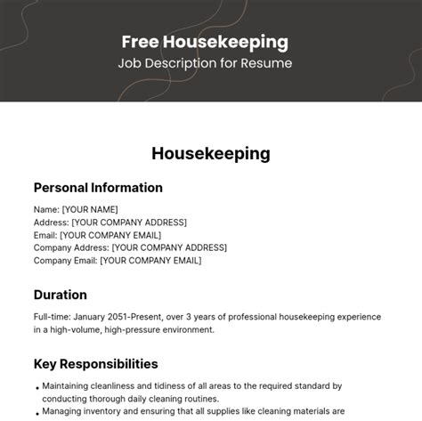 Free Housekeeping Job Description for Resume Template to Edit Online