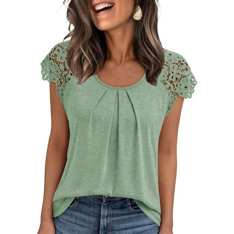 Womens Lace Tops Pleated Short Sleeve Shirts Summer Business Casual ...