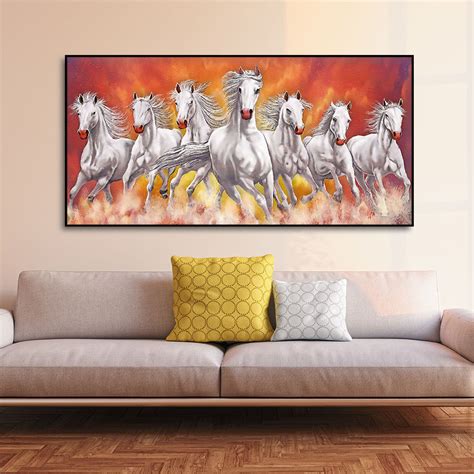 Beautiful White Seven Running Horse Premium Canvas Wall Painting ...