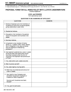 Fillable Online PROPOSAL FORM FOR ALL RISKS POLICY WITH LLOYDS ...