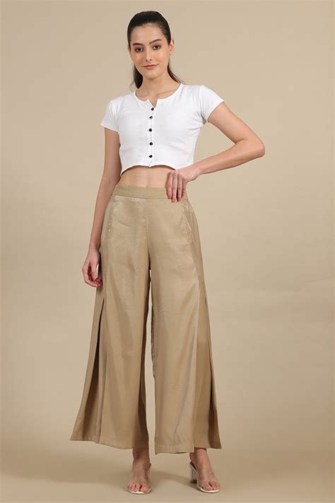 Buy Elleven Women's Gold Solid Flared Rayon Palazzo With Pleated Detail ...