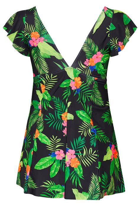 YOURS Plus Size Black Hawaiian Floral Print Swim Dress | Yours Clothing