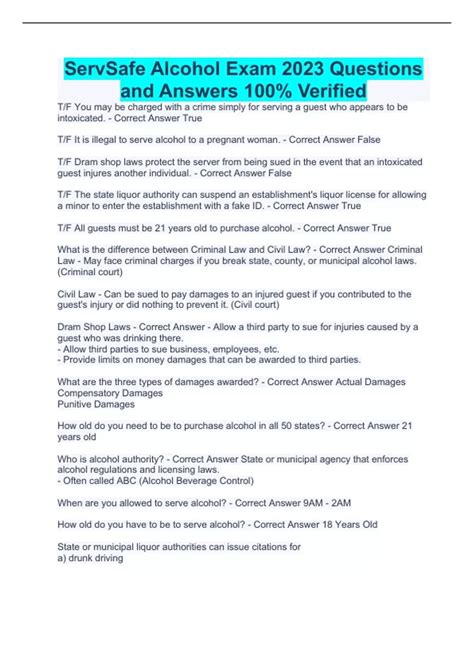 ServSafe Alcohol Exam 2023 Questions and Answers 100% Verified ...