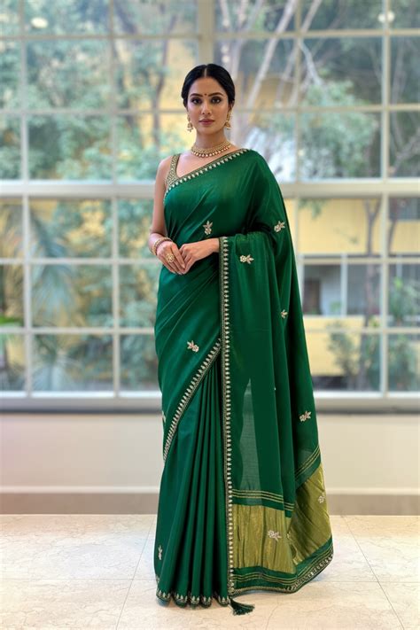 Modal satin mirror work saree - Bottle green – D tales