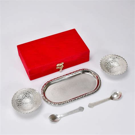 2947A Silver Plated 2 Bowl 2 Spoon Tray Set Brass with Red Velvet Gift ...