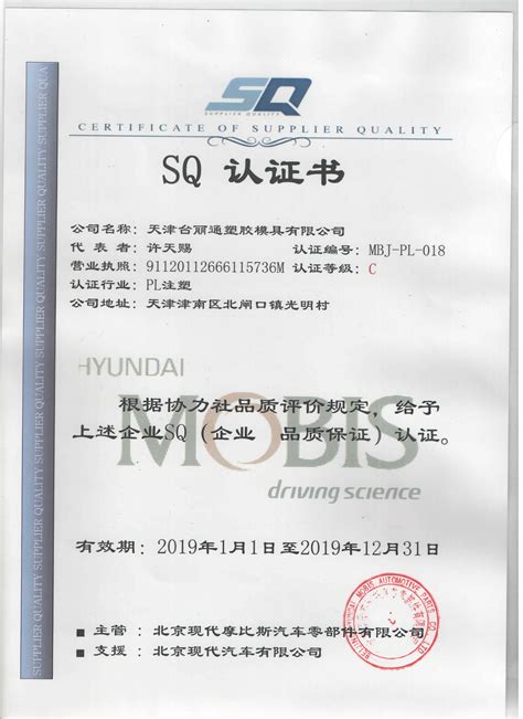 认证证书 - 天津台丽通塑胶模具有限公司