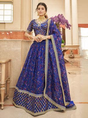 Buy Odette Blue Art Silk Embroidered Semi Stitched Lehenga with Blouse ...