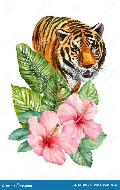 Tiger Watercolor Isolated on White Background. Tiger and Jungle Flowers ...