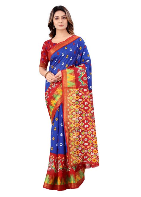 Get Blue & Red Ikat Pattu Printed Saree at ₹ 799 | LBB Shop