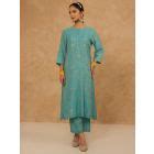 Green Blue Embroiderded Chanderi Silk Kurta with Slip and Pants - Set of 2