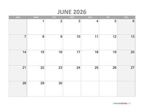 June Calendar 2026 with Holidays | Calendar Quickly