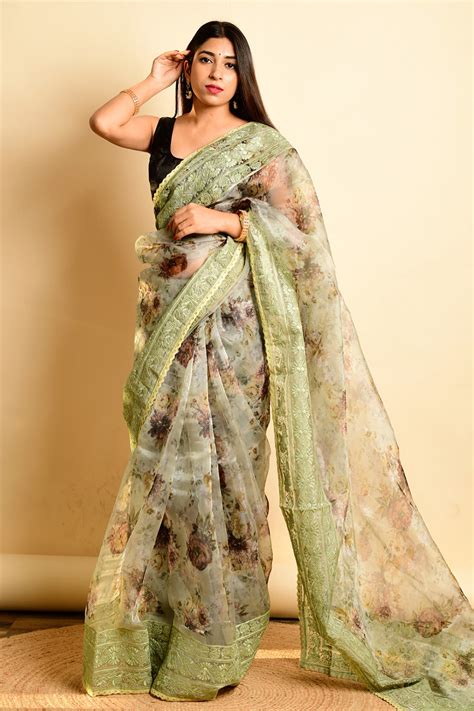 Buy Mint Green Organza Saree 15177 Online | Karagiri