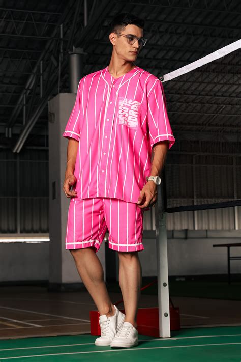 Pink & White Stripe Printed Oversized Baseball Resort Shirt & Shorts C ...