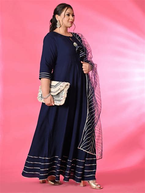 Plus Size Navy Blue Gota Rayon Anarkali with Dupatta – DESINOOR.COM