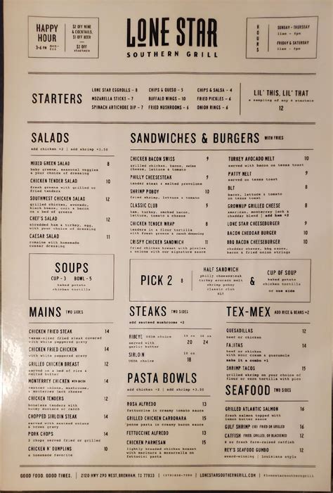 Menu at Lone Star Southern Grill steakhouse, Brenham