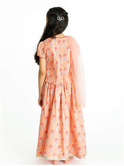 Campana Girls Bulbul Lehenga Set - Fresh Floral Print - Peachy Pink ...