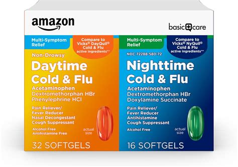 Amazon Basic Care Cold and Flu Relief, Daytime and Nighttime Combo Pack Softgels, Powerful Cold ...