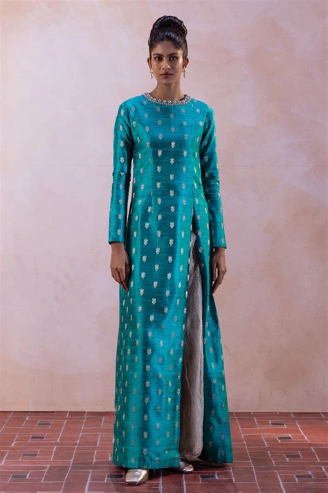 Raw Silk Buty Kurta Set with Silver Zari Tissue Flared Pants | The Mahal
