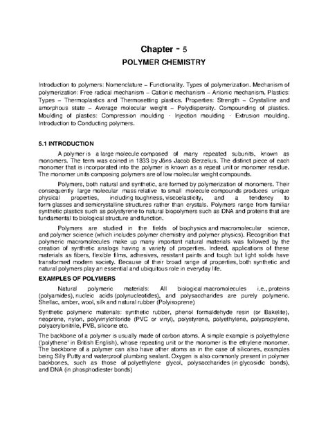 UNIT-5 3 - notes - Chapter - 5 POLYMER CHEMISTRY Introduction to ...