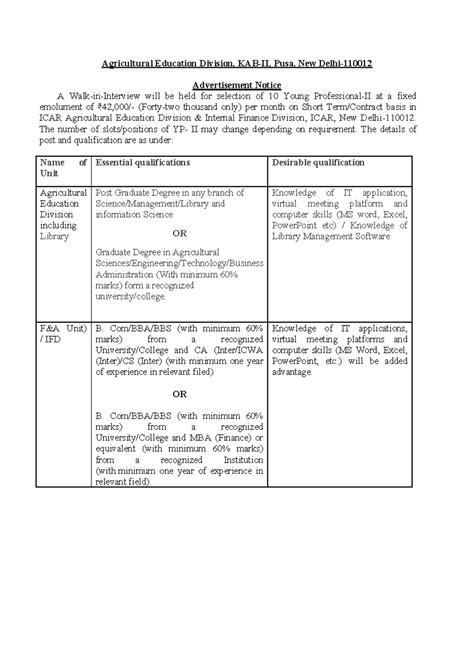Advertisement Notice for YP II Positions - ICAR Agri Ed Div - Studocu