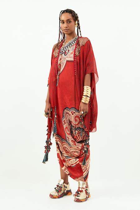 Buy Red Silk, Crepe Tassels, Beads One Shoulder, Open Ambi Print Dress ...