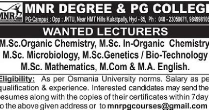 MNR Hyderabad Lecturer Jobs 2018 June in Biotech/Microbiology/Genetics
