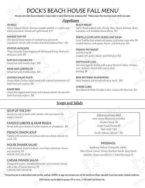 Menu at Dock's Beach House Restaurant, Port Clinton
