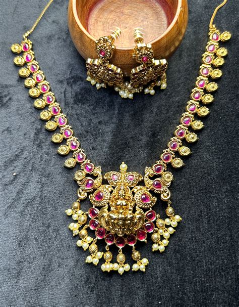 Goddess Lakshmi Temple Necklace Set – Ruby Pink & Pearl Finish ...