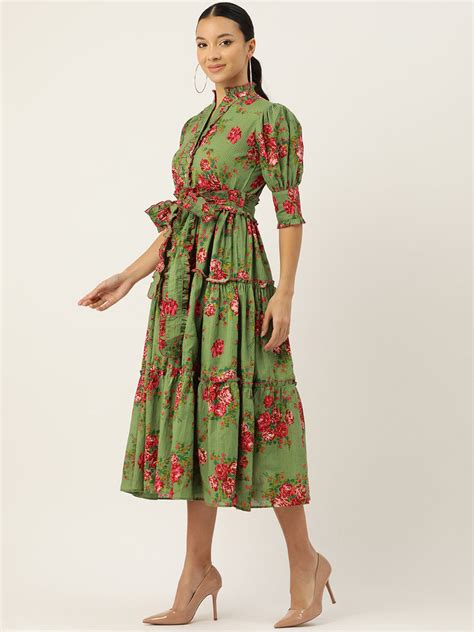 Green Floral Print Puff Sleeve Fit & Flare Midi Dress – Jaipur Morni