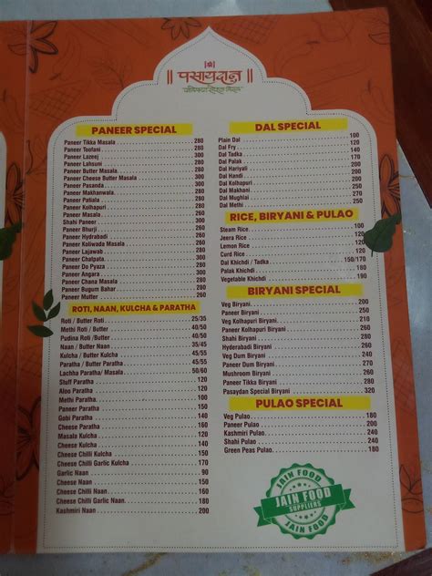 Menu at Pasaydan Veg Restaurant - Ghatkopar, Mumbai, Mumbai
