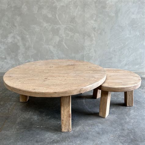 Solid Round Reclaimed Elm Wood 2-Piece Nesting Coffee Table Set For ...