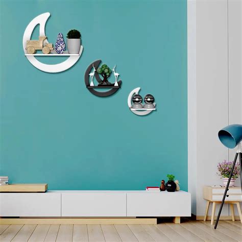 Moon Shape Set of 3 Wood Wall Shelf / Book Shelf, White & Grey – Decors ...