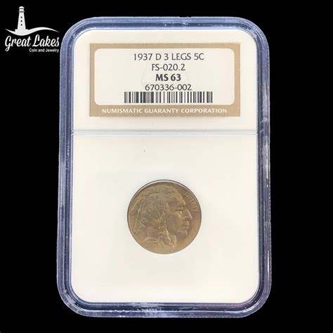 1937 D 3 Legged Buffalo Nickel NGC MS63 - Great Lakes Coin