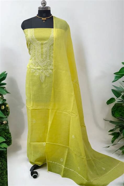 3 pc Lucknow Chikankari Hand Embroidery Pure Cotton Unstitched Salwar ...