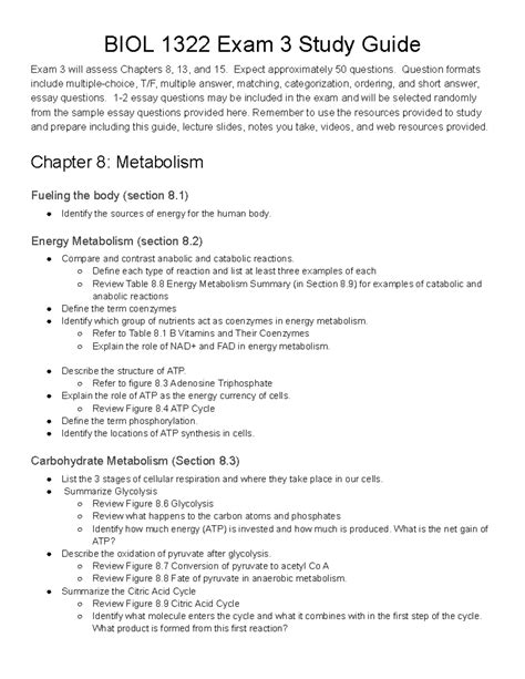 BIOL 1322 Exam 3 Study Guide: Metabolism, Nutrition & Obesity ...