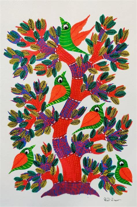 "Birds 10": Red Gond Traditional_Art by Choti Gond Artist – ArtZolo.com