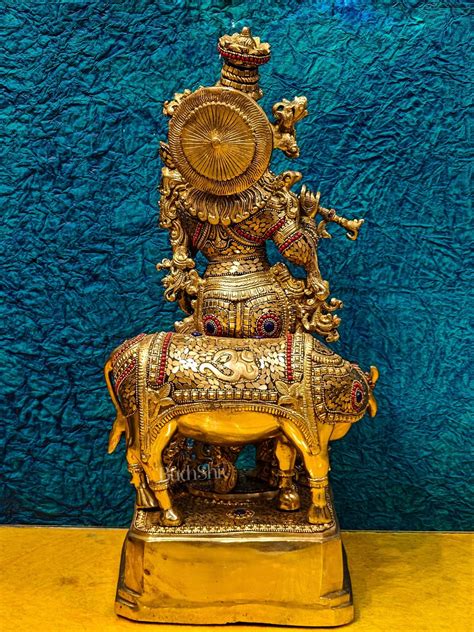 Buy Krishna with cow Brass Idol with Brass Chipwork and Stonework 29 ...