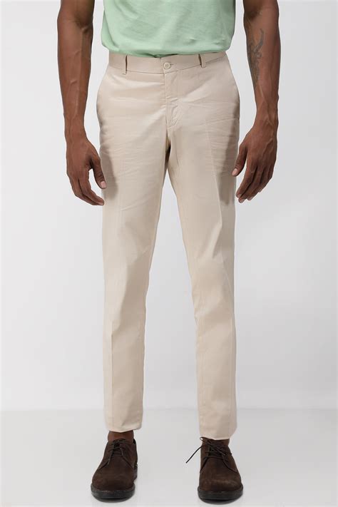 Bare Brown Stretch Slim Fit Cotton Trousers - Beige | Tea & Tailoring