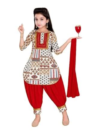Buy Girls Traditional Printed Cotton Patiala Suit with Dupatta, Red and ...