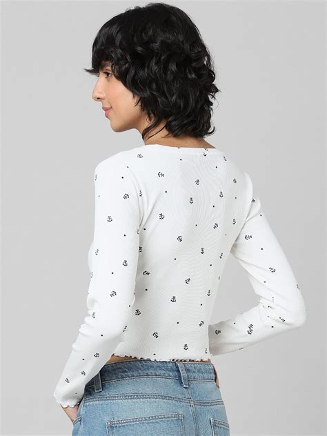 White Printed Cropped Top