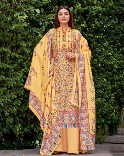 Unstitched Printed Women Yellow Cotton Suits With Self Embroidery ...