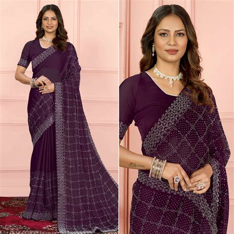 Wine Swarovski Work Satin Saree