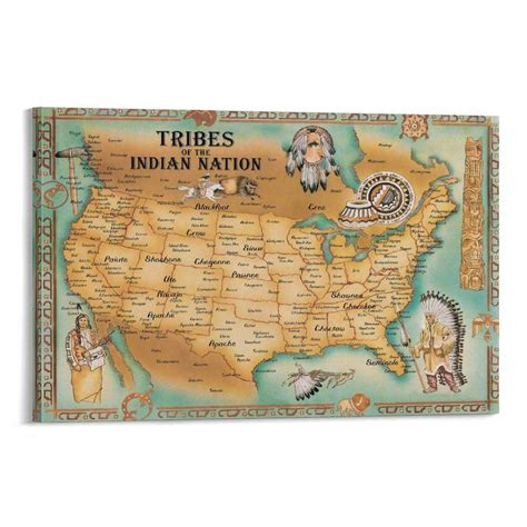 The Map of American Native Tribes of the Indian Nation Wall Art Painting Canvas Gift Living Room ...