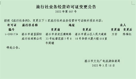 旅行社业务经营许可证变更公告（2022-7）_湛江市人民政府门户网站