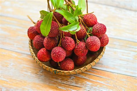 lychees on basket, fresh ripe lychee fruit tropical fruit peeled ...